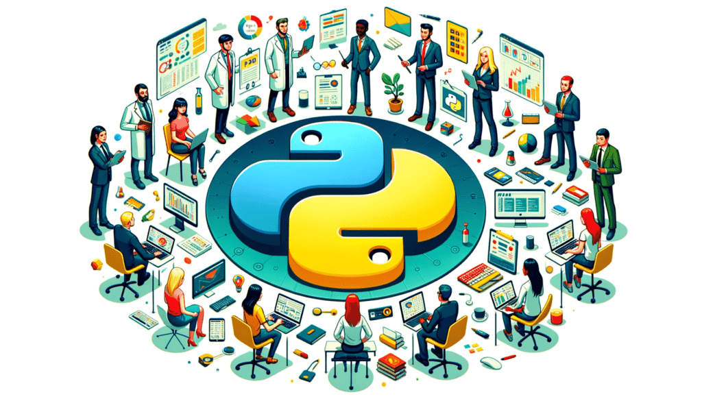 At-the-center-of-the-image-is-a-large-prominently-displayed-Python-programming-language-logo.-Surrounding-the-logo-are-cartoon-illustrations-of-diver